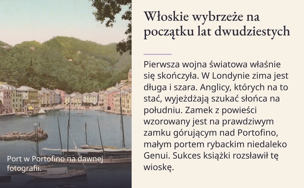 Włoskie wybrzeże na początku lat dwudziestych. Pierwsza wojna światowa właśnie się skończyła. W Londynie zima jest długa i szara. Anglicy, których na to stać, wyjeżdżają szukać słońca na południu. Zamek z powieści…