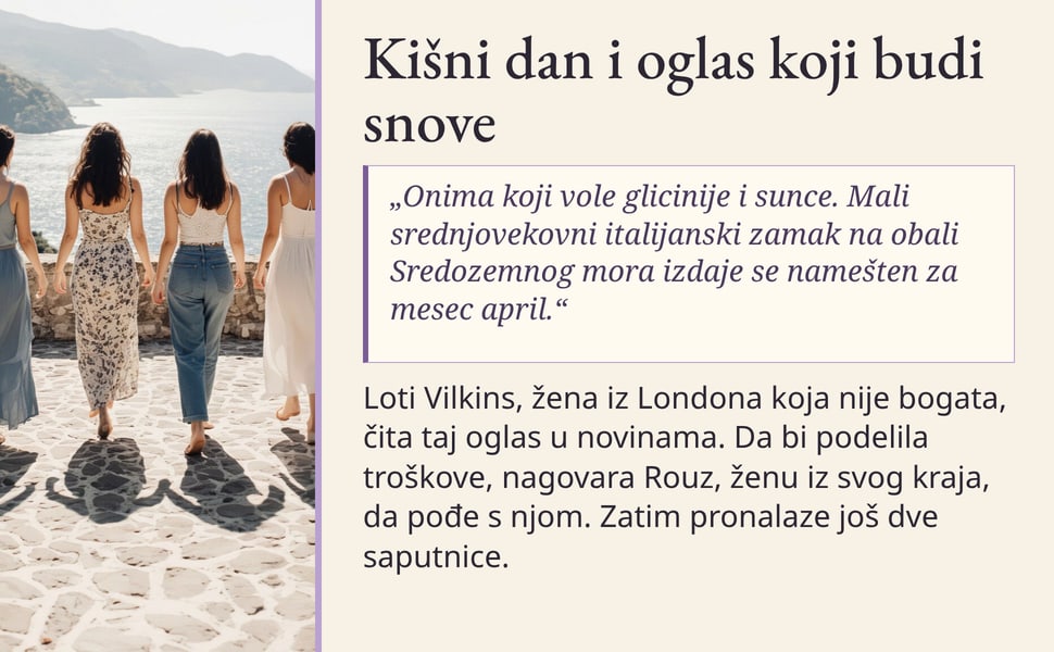 Kišni dan i oglas koji budi snove. „Onima koji vole glicinije i sunce. Mali srednjovekovni italijanski zamak na obali Sredozemnog mora izdaje se namešten za mesec april.“.