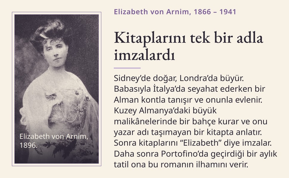 Kitaplarını tek bir adla imzalardı. Sidney’de doğar, Londra’da büyür. Babasıyla İtalya’da seyahat ederken bir Alman kontla tanışır ve onunla evlenir. Kuzey Almanya’daki büyük malikânelerinde bir bahçe kurar ve onu…