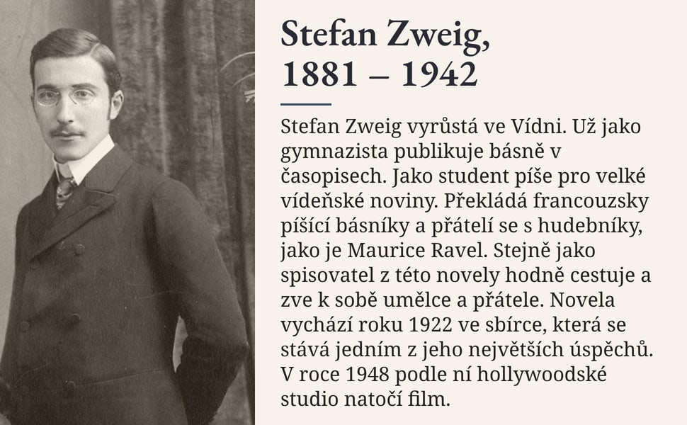 Stefan Zweig, 1881 – 1942. Stefan Zweig vyrůstá ve Vídni. Už jako gymnazista publikuje básně v časopisech. Jako student píše pro velké vídeňské noviny. Překládá francouzsky píšící básníky a přátelí se s hudebníky, jako…