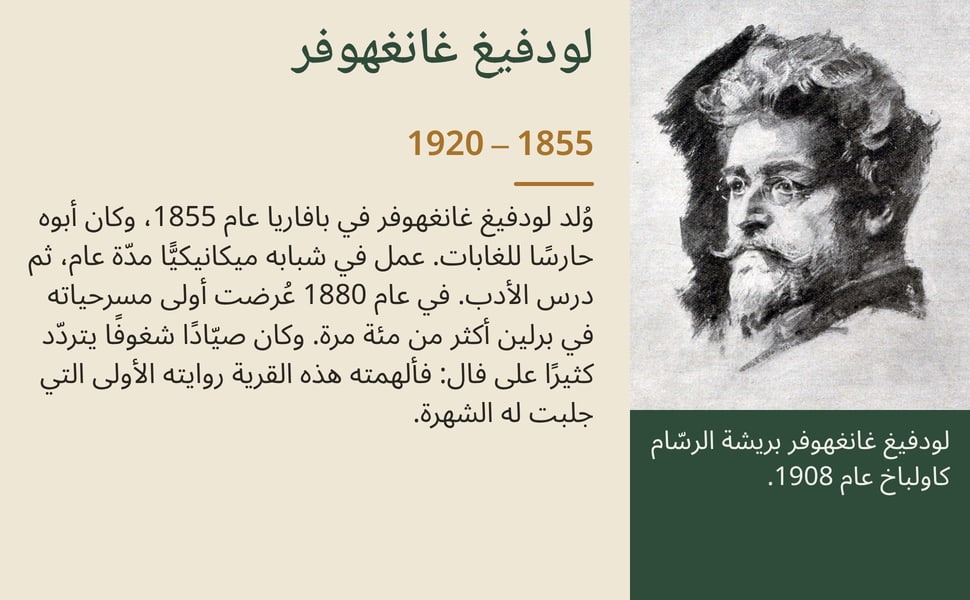 لودفيغ غانغهوفر. وُلد لودفيغ غانغهوفر في بافاريا عام 1855، وكان أبوه حارسًا للغابات. عمل في شبابه ميكانيكيًّا مدّة عام، ثم درس الأدب. في عام 1880 عُرضت أولى مسرحياته في برلين أكثر من مئة مرة. وكان صيّادًا شغوفًا يتردّد…