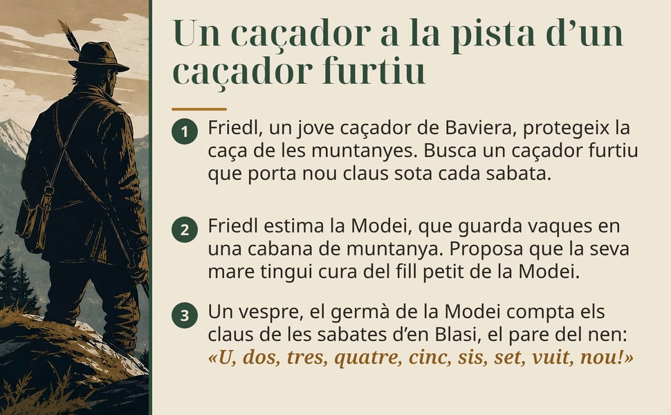 Un caçador a la pista d’un caçador furtiu. Friedl, un jove caçador de Baviera, protegeix la caça de les muntanyes. Busca un caçador furtiu que porta nou claus sota cada sabata.