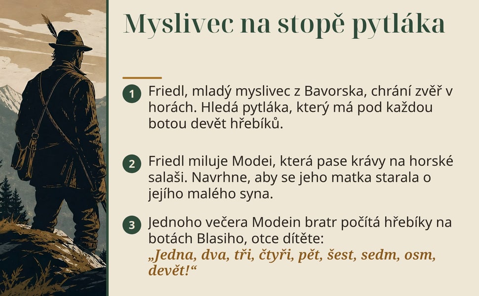 Myslivec na stopě pytláka. Friedl, mladý myslivec z Bavorska, chrání zvěř v horách. Hledá pytláka, který má pod každou botou devět hřebíků.