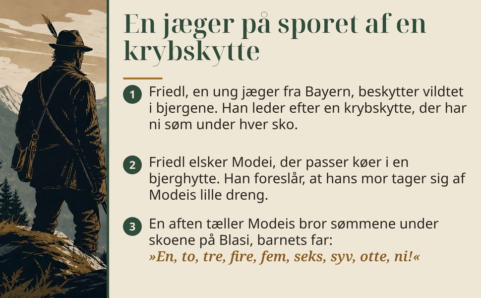 En jæger på sporet af en krybskytte. Friedl, en ung jæger fra Bayern, beskytter vildtet i bjergene. Han leder efter en krybskytte, der har ni søm under hver sko.