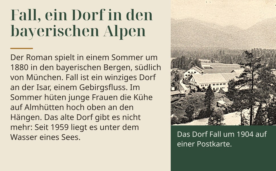 Fall, ein Dorf in den bayerischen Alpen. Der Roman spielt in einem Sommer um 1880 in den bayerischen Bergen, südlich von München. Fall ist ein winziges Dorf an der Isar, einem Gebirgsfluss. Im Sommer hüten junge Frauen…