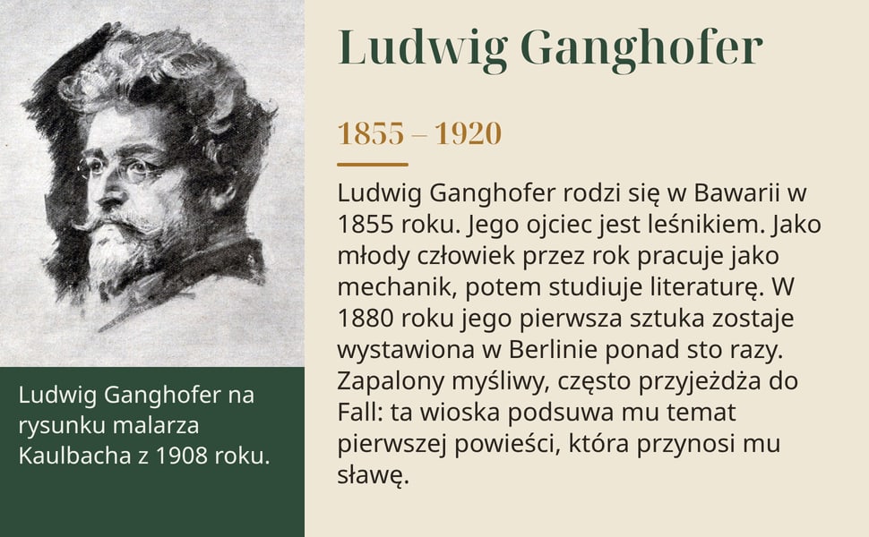Ludwig Ganghofer. Ludwig Ganghofer rodzi się w Bawarii w 1855 roku. Jego ojciec jest leśnikiem. Jako młody człowiek przez rok pracuje jako mechanik, potem studiuje literaturę. W 1880 roku jego pierwsza sztuka zostaje…