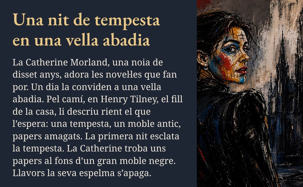 Una nit de tempesta en una vella abadia. La Catherine Morland, una noia de disset anys, adora les novel·les que fan por. Un dia la conviden a una vella abadia. Pel camí, en Henry Tilney, el fill de la casa, li descriu…