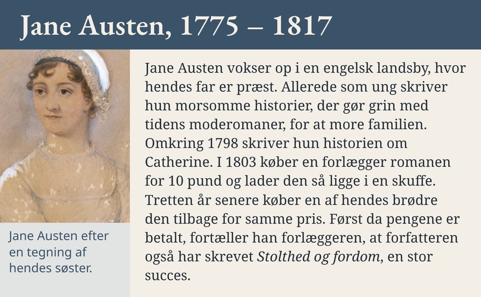 Jane Austen, 1775 – 1817. Jane Austen vokser op i en engelsk landsby, hvor hendes far er præst. Allerede som ung skriver hun morsomme historier, der gør grin med tidens moderomaner, for at more familien. Omkring 1798…