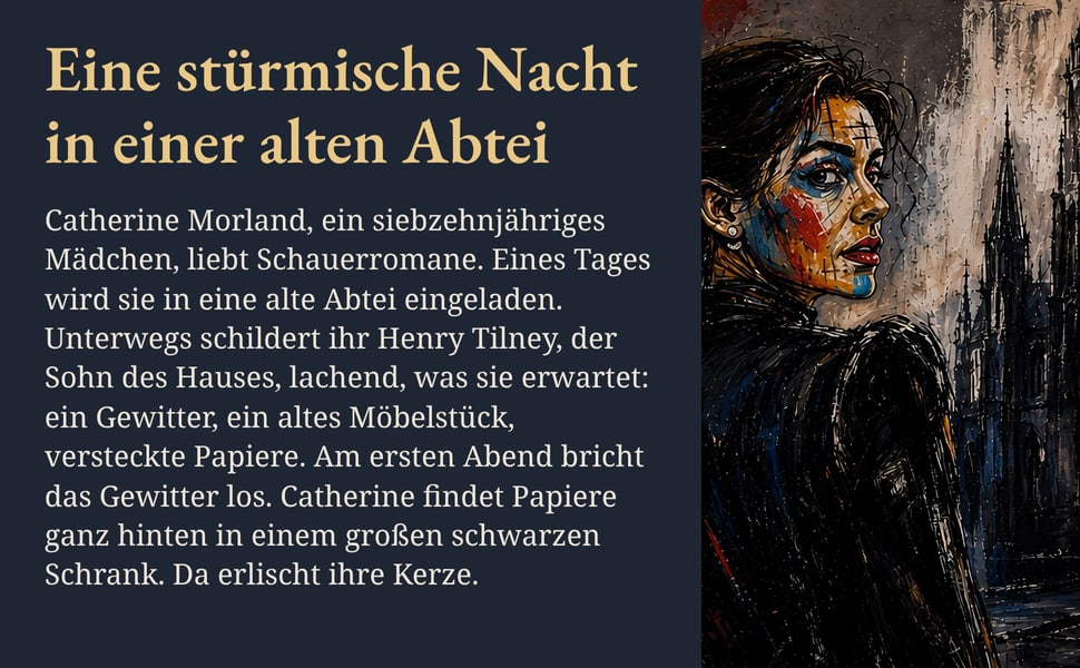 Eine stürmische Nacht in einer alten Abtei. Catherine Morland, ein siebzehnjähriges Mädchen, liebt Schauerromane. Eines Tages wird sie in eine alte Abtei eingeladen. Unterwegs schildert ihr Henry Tilney, der Sohn des…