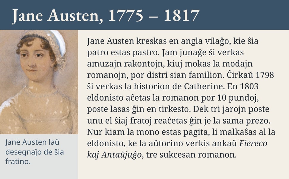Jane Austen, 1775 – 1817. Jane Austen kreskas en angla vilaĝo, kie ŝia patro estas pastro. Jam junaĝe ŝi verkas amuzajn rakontojn, kiuj mokas la modajn romanojn, por distri sian familion. Ĉirkaŭ 1798 ŝi verkas la…