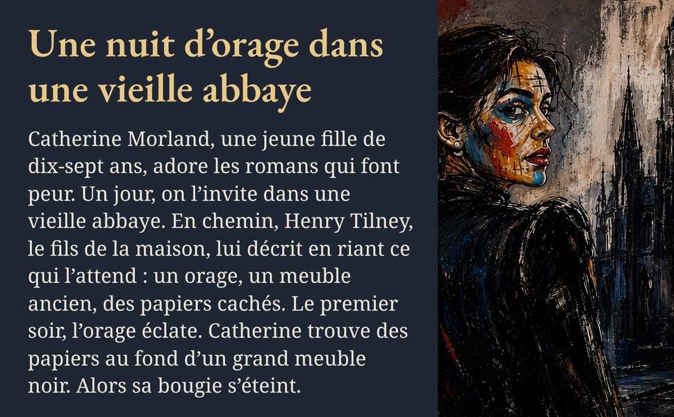 Une nuit d’orage dans une vieille abbaye. Catherine Morland, une jeune fille de dix-sept ans, adore les romans qui font peur. Un jour, on l’invite dans une vieille abbaye. En chemin, Henry Tilney, le fils de la maison, lui décrit en riant ce qui l’attend : un orage, un meuble ancien, des papiers cachés. Le premier soir, l’orage éclate. Catherine trouve des papiers au fond d’un grand meuble noir. Alors sa bougie s’éteint.