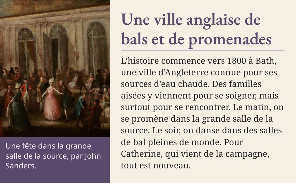 Une ville anglaise de bals et de promenades. L’histoire commence vers 1800 à Bath, une ville d’Angleterre connue pour ses sources d’eau chaude. Des familles aisées y viennent pour se soigner, mais surtout pour se rencontrer. Le matin, on se promène dans la grande salle de la source. Le soir, on danse dans des salles de bal pleines de monde. Pour Catherine, qui vient de la campagne, tout est nouveau. Une fête dans la grande salle de la source, par John Sanders.