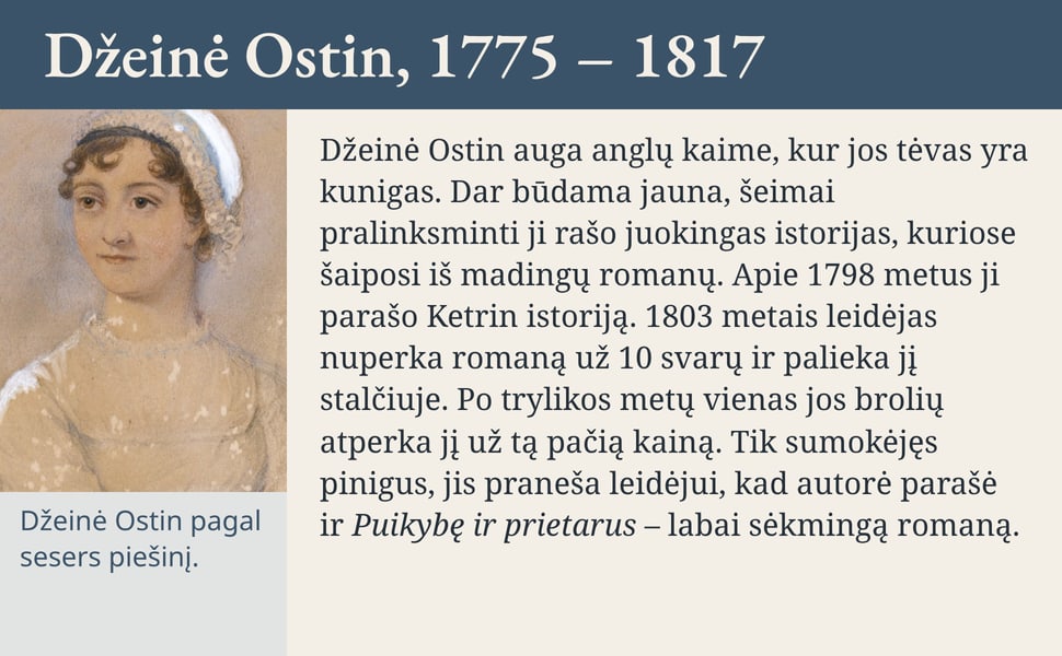 Džeinė Ostin, 1775 – 1817. Džeinė Ostin auga anglų kaime, kur jos tėvas yra kunigas. Dar būdama jauna, šeimai pralinksminti ji rašo juokingas istorijas, kuriose šaiposi iš madingų romanų. Apie 1798 metus ji parašo…
