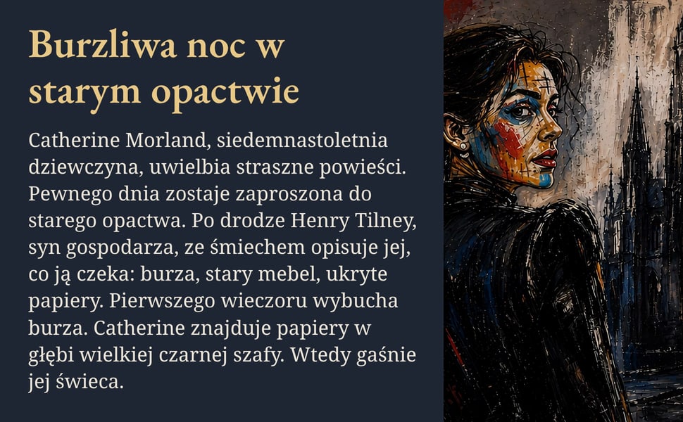 Burzliwa noc w starym opactwie. Catherine Morland, siedemnastoletnia dziewczyna, uwielbia straszne powieści. Pewnego dnia zostaje zaproszona do starego opactwa. Po drodze Henry Tilney, syn gospodarza, ze śmiechem…