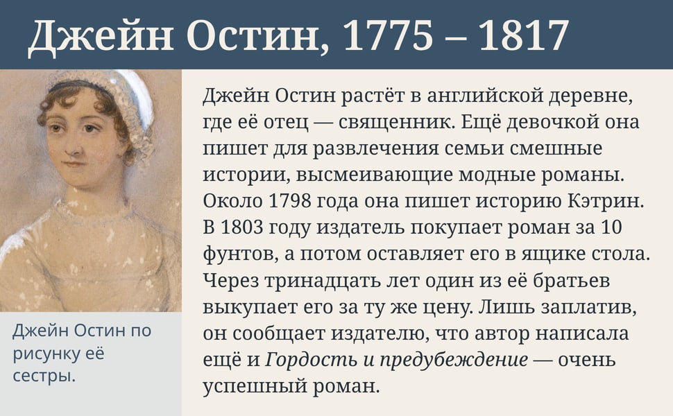 Джейн Остин, 1775 – 1817. Джейн Остин растёт в английской деревне, где её отец — священник. Ещё девочкой она пишет для развлечения семьи смешные истории, высмеивающие модные романы. Около 1798 года она пишет историю…