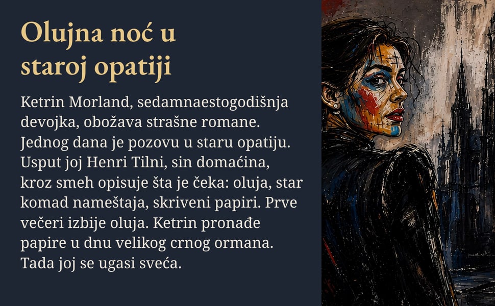 Olujna noć u staroj opatiji. Ketrin Morland, sedamnaestogodišnja devojka, obožava strašne romane. Jednog dana je pozovu u staru opatiju. Usput joj Henri Tilni, sin domaćina, kroz smeh opisuje šta je čeka: oluja, star…