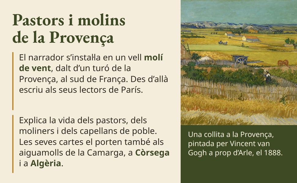 Pastors i molins de la Provença. El narrador s’instal·la en un vell molí de vent, dalt d’un turó de la Provença, al sud de França. Des d’allà escriu als seus lectors de París.