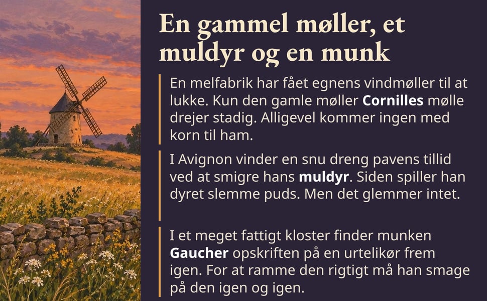 En gammel møller, et muldyr og en munk. En melfabrik har fået egnens vindmøller til at lukke. Kun den gamle møller Cornilles mølle drejer stadig. Alligevel kommer ingen med korn til ham.
