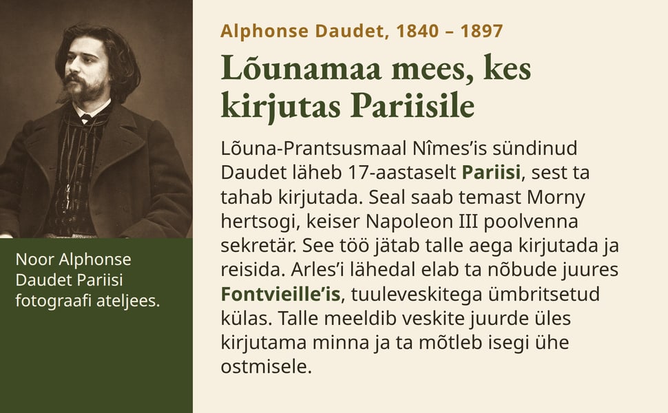 Lõunamaa mees, kes kirjutas Pariisile. Lõuna-Prantsusmaal Nîmes’is sündinud Daudet läheb 17-aastaselt Pariisi, sest ta tahab kirjutada. Seal saab temast Morny hertsogi, keiser Napoleon III poolvenna sekretär. See töö…