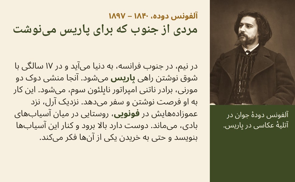 مردی از جنوب که برای پاریس مینوشت. در نیم، در جنوب فرانسه، به دنیا میآید و در ۱۷ سالگی با شوق نوشتن راهی پاریس میشود. آنجا منشی دوک دو مورنی، برادر ناتنی امپراتور ناپلئون سوم، میشود. این کار به او فرصت نوشتن و سفر…