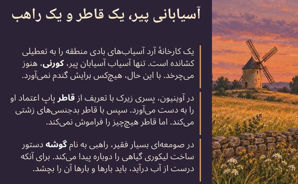 آسیابانی پیر، یک قاطر و یک راهب. یک کارخانهٔ آرد آسیابهای بادی منطقه را به تعطیلی کشانده است. تنها آسیاب آسیابان پیر، کورنی، هنوز میچرخد. با این حال، هیچکس برایش گندم نمیآورد.