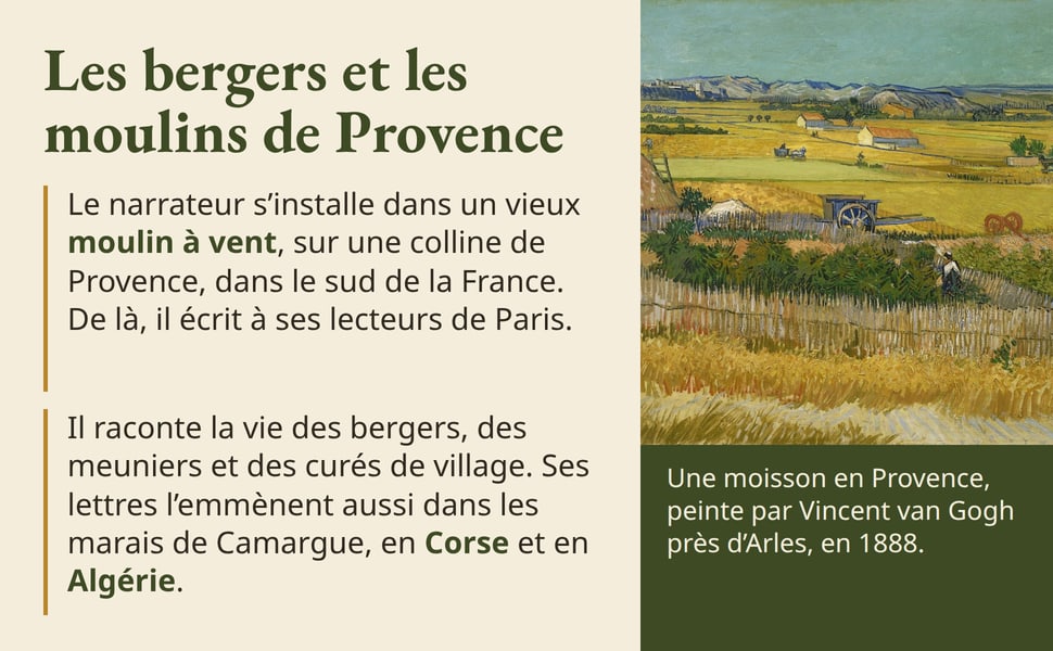 Les bergers et les moulins de Provence. Le narrateur s’installe dans un vieux moulin à vent, sur une colline de Provence, dans le sud de la France. De là, il écrit à ses lecteurs de Paris. Il raconte la vie des bergers, des meuniers et des curés de village. Ses lettres l’emmènent aussi dans les marais de Camargue, en Corse et en Algérie. Une moisson en Provence, peinte par Vincent van Gogh près d’Arles, en 1888.
