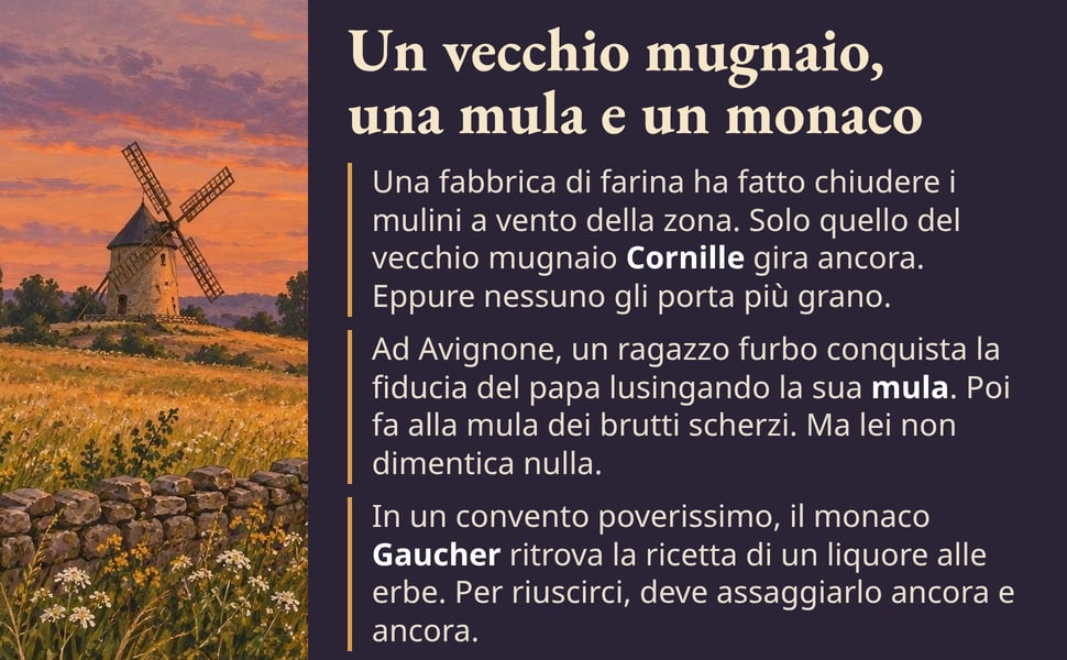 Un vecchio mugnaio, una mula e un monaco. Una fabbrica di farina ha fatto chiudere i mulini a vento della zona. Solo quello del vecchio mugnaio Cornille gira ancora. Eppure nessuno gli porta più grano.