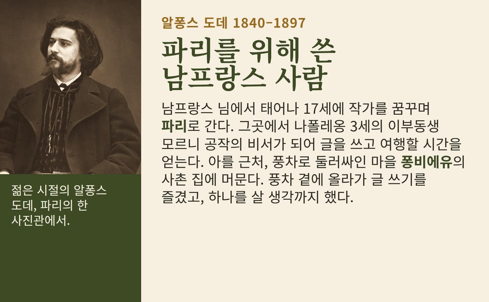 파리를 위해 쓴 남프랑스 사람. 남프랑스 님에서 태어나 17세에 작가를 꿈꾸며 파리로 간다. 그곳에서 나폴레옹 3세의 이부동생 모르니 공작의 비서가 되어 글을 쓰고 여행할 시간을 얻는다. 아를 근처, 풍차로 둘러싸인 마을 퐁비에유의 사촌 집에 머문다. 풍차 곁에 올라가 글 쓰기를 즐겼고, 하나를 살 생각까지 했다.