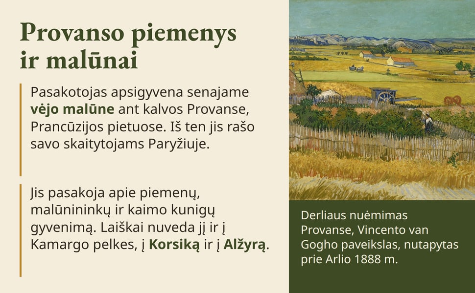 Provanso piemenys ir malūnai. Pasakotojas apsigyvena senajame vėjo malūne ant kalvos Provanse, Prancūzijos pietuose. Iš ten jis rašo savo skaitytojams Paryžiuje.