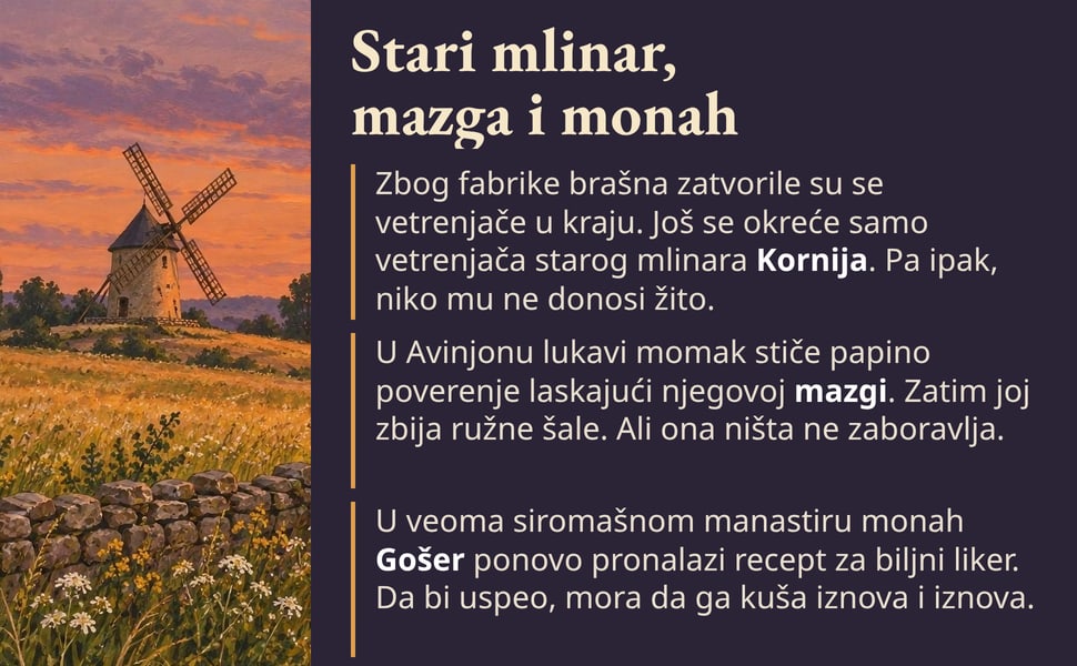 Stari mlinar, mazga i monah. Zbog fabrike brašna zatvorile su se vetrenjače u kraju. Još se okreće samo vetrenjača starog mlinara Kornija. Pa ipak, niko mu ne donosi žito.
