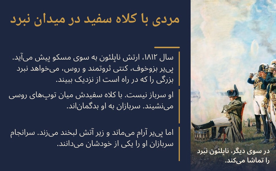 مردی با کلاه سفید در میدان نبرد. سال ۱۸۱۲، ارتش ناپلئون به سوی مسکو پیش می‌آید. پی‌یر بزوخوف، کنتی ثروتمند و روس، می‌خواهد نبرد بزرگی را که در راه است از نزدیک ببیند.