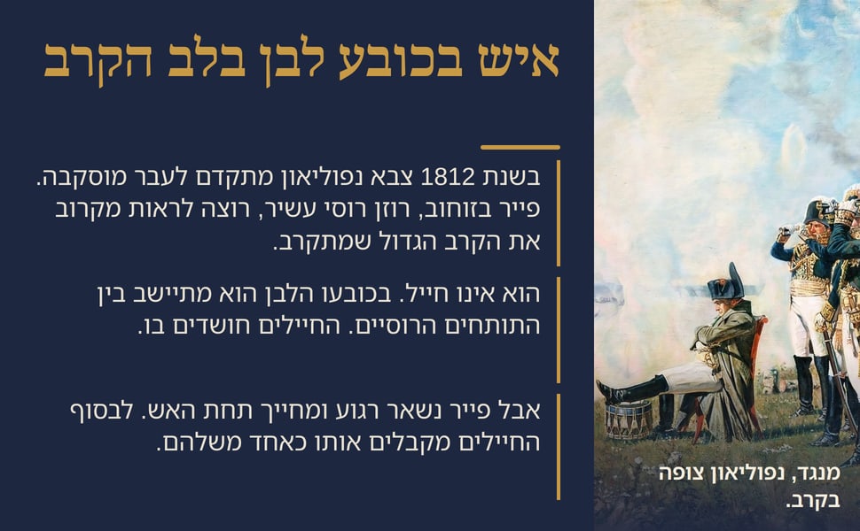 איש בכובע לבן בלב הקרב. בשנת 1812 צבא נפוליאון מתקדם לעבר מוסקבה. פייר בזוחוב, רוזן רוסי עשיר, רוצה לראות מקרוב את הקרב הגדול שמתקרב.