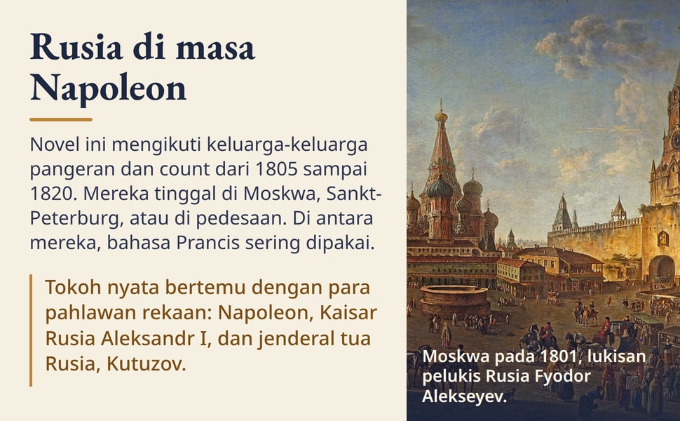 Rusia di masa Napoleon. Novel ini mengikuti keluarga-keluarga pangeran dan count dari 1805 sampai 1820. Mereka tinggal di Moskwa, Sankt-Peterburg, atau di pedesaan. Di antara mereka, bahasa Prancis sering dipakai.