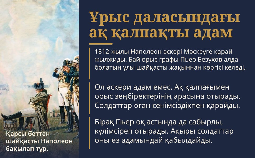 Ұрыс даласындағы ақ қалпақты адам. 1812 жылы Наполеон әскері Мәскеуге қарай жылжиды. Бай орыс графы Пьер Безухов алда болатын ұлы шайқасты жақыннан көргісі келеді.