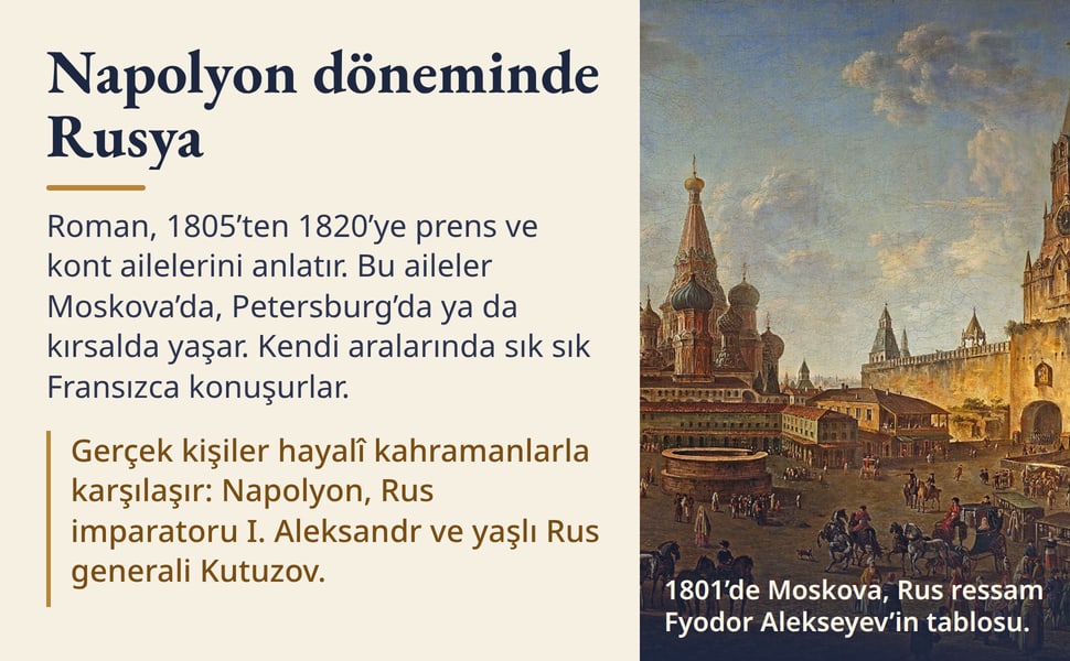 Napolyon döneminde Rusya. Roman, 1805’ten 1820’ye prens ve kont ailelerini anlatır. Bu aileler Moskova’da, Petersburg’da ya da kırsalda yaşar. Kendi aralarında sık sık Fransızca konuşurlar.