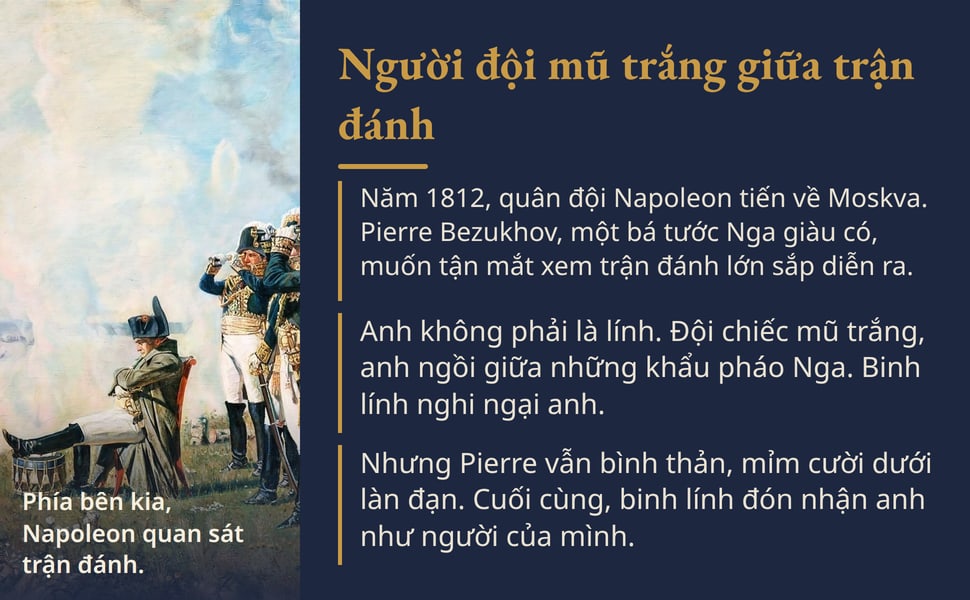 Người đội mũ trắng giữa trận đánh. Năm 1812, quân đội Napoleon tiến về Moskva. Pierre Bezukhov, một bá tước Nga giàu có, muốn tận mắt xem trận đánh lớn sắp diễn ra.
