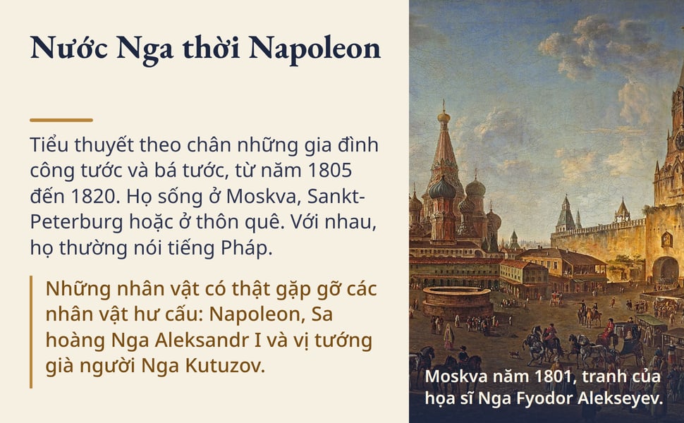 Nước Nga thời Napoleon. Tiểu thuyết theo chân những gia đình công tước và bá tước, từ năm 1805 đến 1820. Họ sống ở Moskva, Sankt-Peterburg hoặc ở thôn quê. Với nhau, họ thường nói tiếng Pháp.