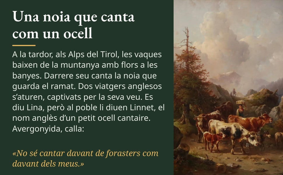 Una noia que canta com un ocell. A la tardor, als Alps del Tirol, les vaques baixen de la muntanya amb flors a les banyes. Darrere seu canta la noia que guarda el ramat. Dos viatgers anglesos s’aturen, captivats per la…