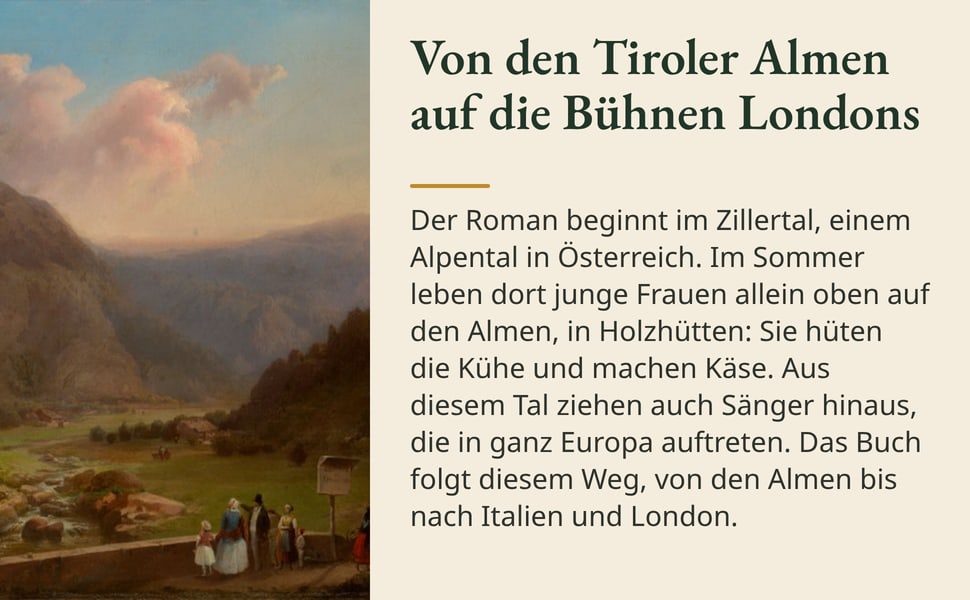 Von den Tiroler Almen auf die Bühnen Londons. Der Roman beginnt im Zillertal, einem Alpental in Österreich. Im Sommer leben dort junge Frauen allein oben auf den Almen, in Holzhütten: Sie hüten die Kühe und machen…