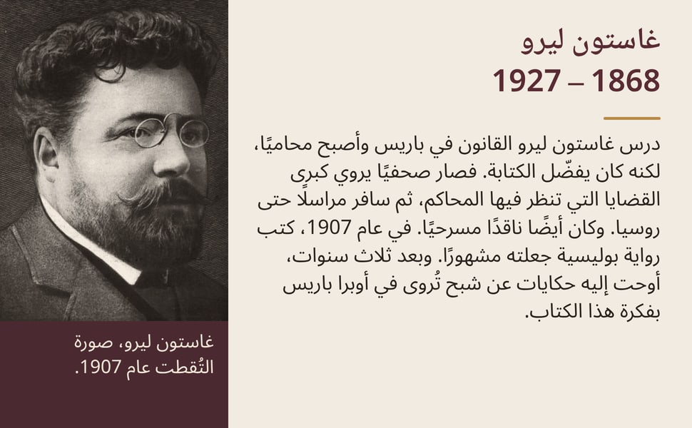 غاستون ليرو 1868 – 1927. درس غاستون ليرو القانون في باريس وأصبح محاميًا، لكنه كان يفضّل الكتابة. فصار صحفيًا يروي كبرى القضايا التي تنظر فيها المحاكم، ثم سافر مراسلًا حتى روسيا. وكان أيضًا ناقدًا مسرحيًا. في عام 1907،…