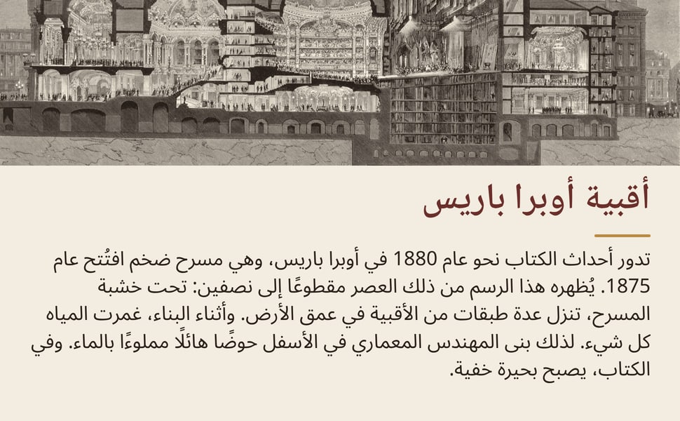 أقبية أوبرا باريس. تدور أحداث الكتاب نحو عام 1880 في أوبرا باريس، وهي مسرح ضخم افتُتح عام 1875. يُظهره هذا الرسم من ذلك العصر مقطوعًا إلى نصفين: تحت خشبة المسرح، تنزل عدة طبقات من الأقبية في عمق الأرض. وأثناء البناء،…
