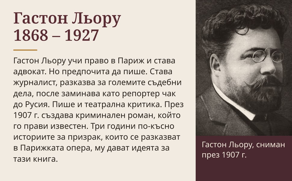 Гастон Льору 1868 – 1927. Гастон Льору учи право в Париж и става адвокат. Но предпочита да пише. Става журналист, разказва за големите съдебни дела, после заминава като репортер чак до Русия. Пише и театрална критика.…