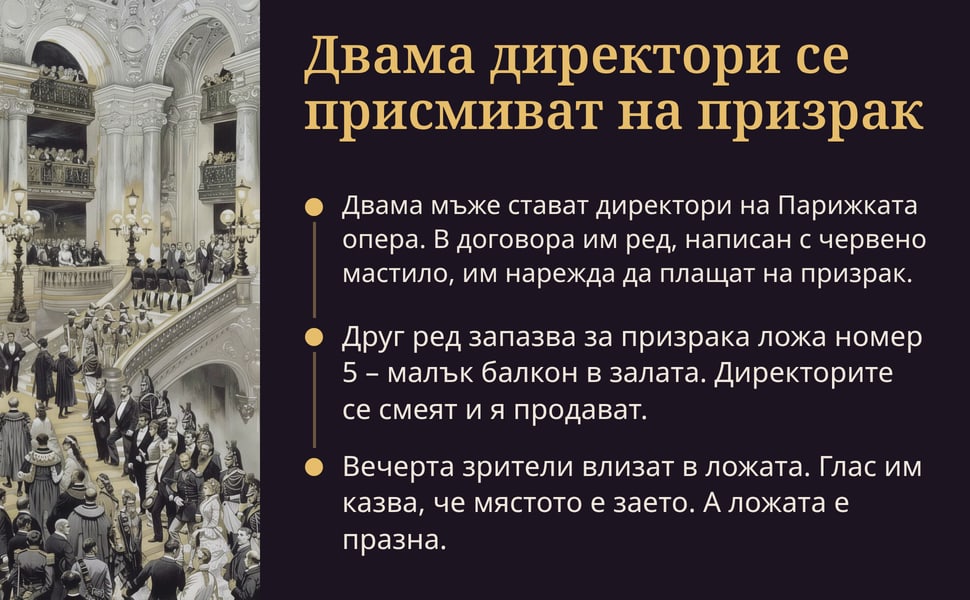 Двама директори се присмиват на призрак. Двама мъже стават директори на Парижката опера. В договора им ред, написан с червено мастило, им нарежда да плащат на призрак.