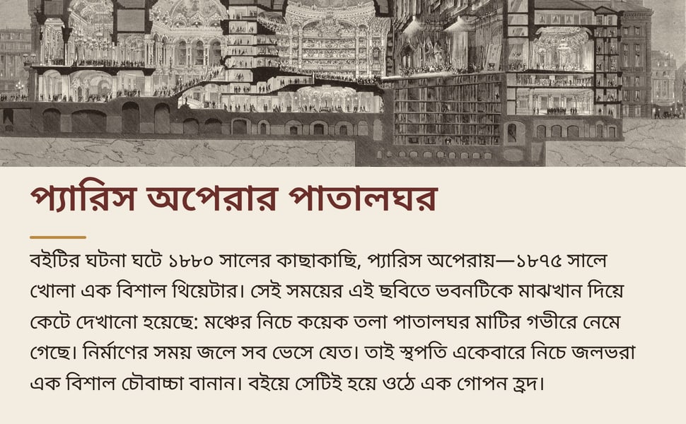 প্যারিস অপেরার পাতালঘর. বইটির ঘটনা ঘটে ১৮৮০ সালের কাছাকাছি, প্যারিস অপেরায়—১৮৭৫ সালে খোলা এক বিশাল থিয়েটার। সেই সময়ের এই ছবিতে ভবনটিকে মাঝখান দিয়ে কেটে দেখানো হয়েছে: মঞ্চের নিচে কয়েক তলা পাতালঘর মাটির গভীরে নেমে…