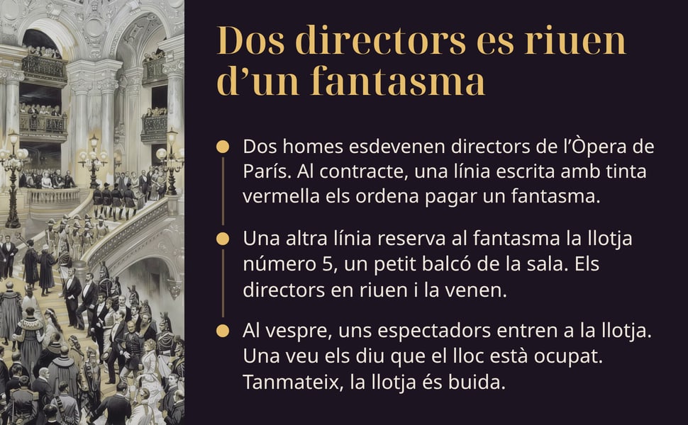 Dos directors es riuen d’un fantasma. Dos homes esdevenen directors de l’Òpera de París. Al contracte, una línia escrita amb tinta vermella els ordena pagar un fantasma.