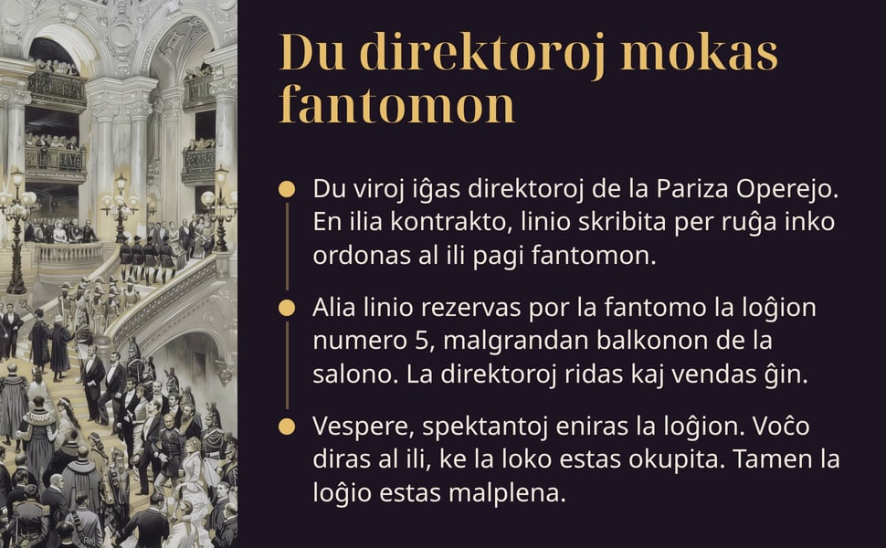 Du direktoroj mokas fantomon. Du viroj iĝas direktoroj de la Pariza Operejo. En ilia kontrakto, linio skribita per ruĝa inko ordonas al ili pagi fantomon.