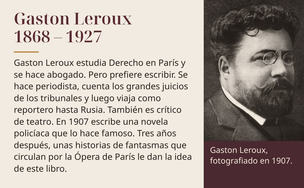 Gaston Leroux 1868 – 1927. Gaston Leroux estudia Derecho en París y se hace abogado. Pero prefiere escribir. Se hace periodista, cuenta los grandes juicios de los tribunales y luego viaja como reportero hasta Rusia.…