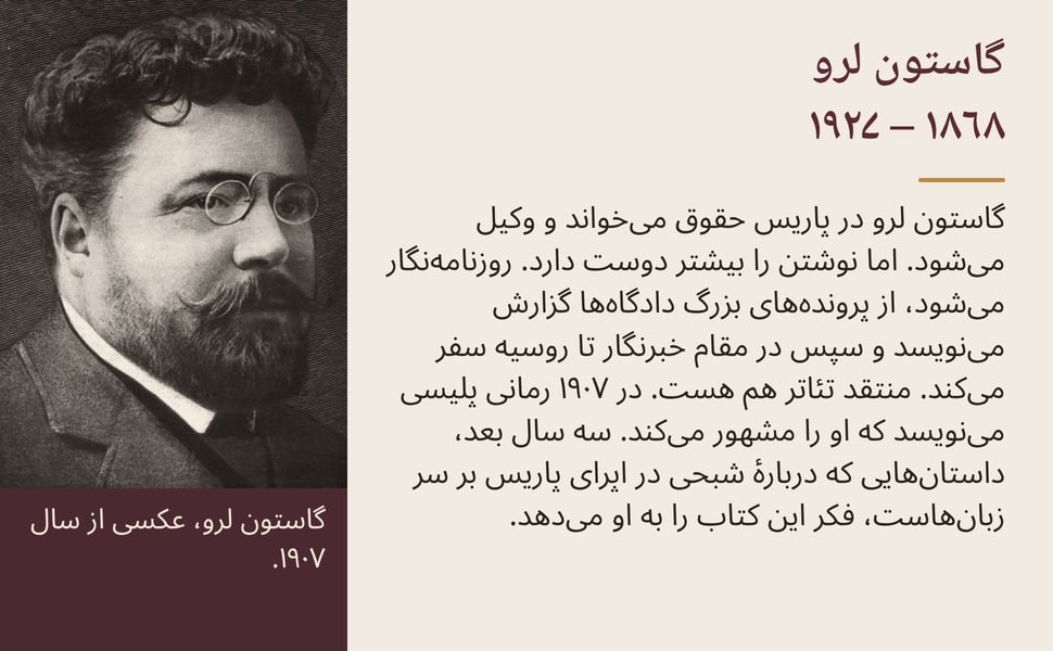 گاستون لرو ۱۸۶۸ – ۱۹۲۷. گاستون لرو در پاریس حقوق میخواند و وکیل میشود. اما نوشتن را بیشتر دوست دارد. روزنامهنگار میشود، از پروندههای بزرگ دادگاهها گزارش مینویسد و سپس در مقام خبرنگار تا روسیه سفر میکند. منتقد…