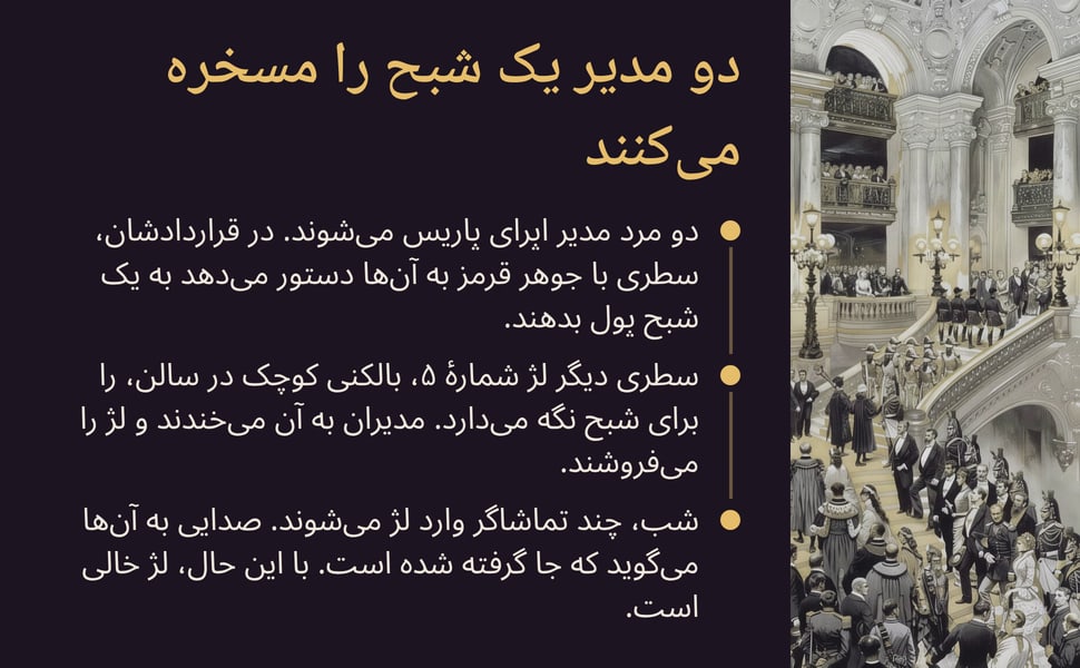 دو مدیر یک شبح را مسخره میکنند. دو مرد مدیر اپرای پاریس میشوند. در قراردادشان، سطری با جوهر قرمز به آنها دستور میدهد به یک شبح پول بدهند.