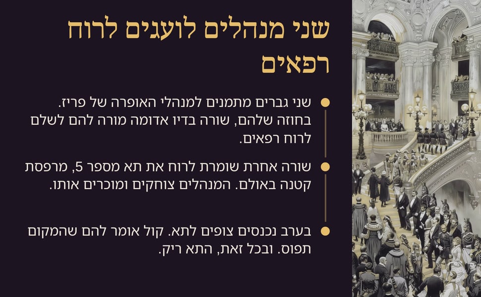 שני מנהלים לועגים לרוח רפאים. שני גברים מתמנים למנהלי האופרה של פריז. בחוזה שלהם, שורה בדיו אדומה מורה להם לשלם לרוח רפאים.